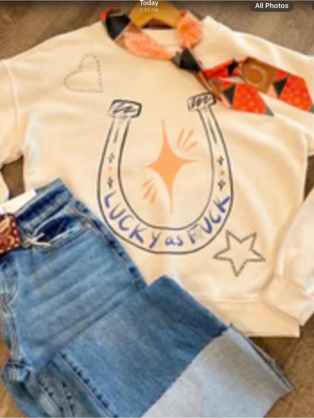 All Us Unique Cream  Horseshoe Embellished Cotton Handcrafted Sweatshirt
NWT L